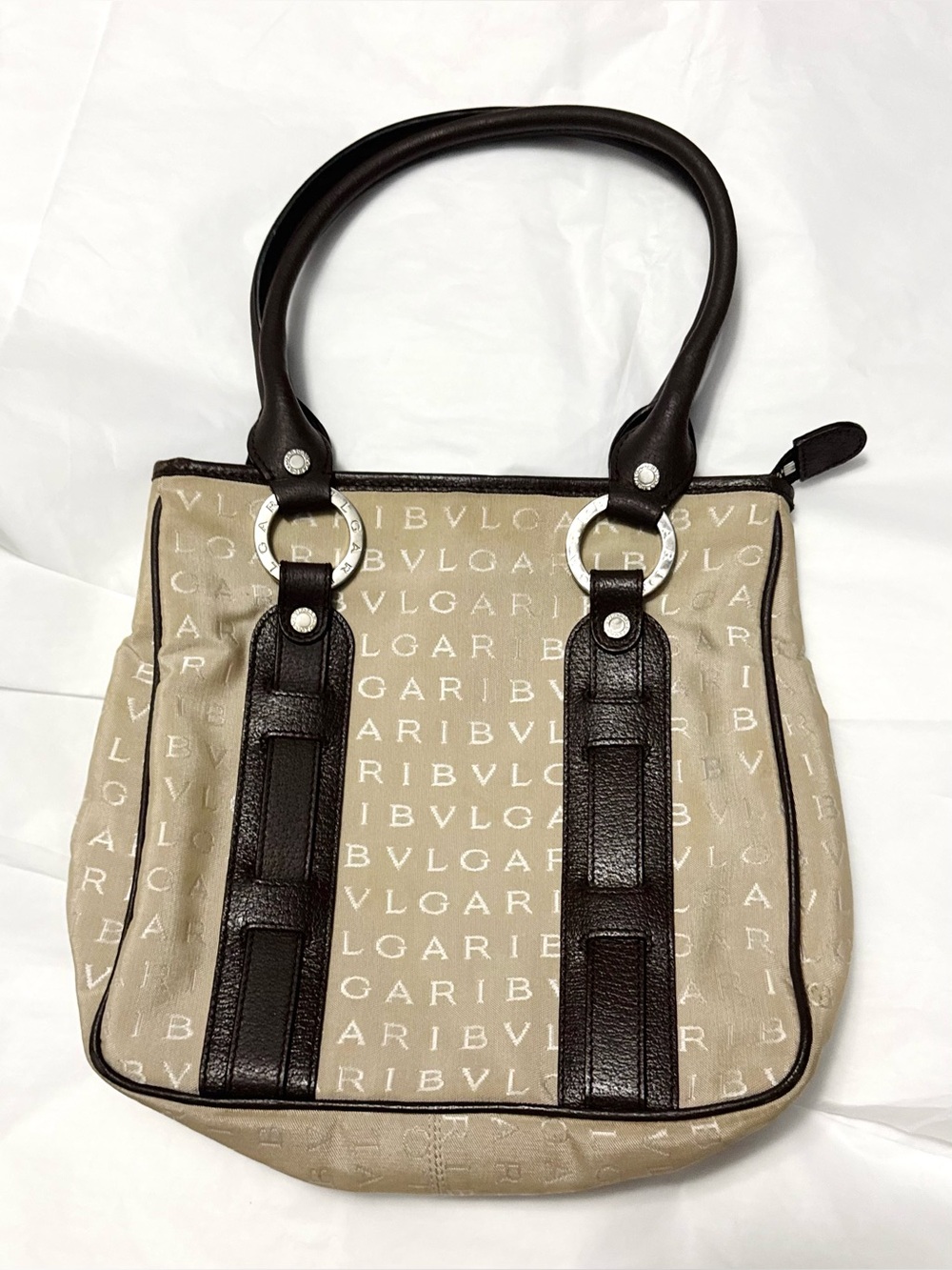 Bvlgari AUTHENTIC Vintage Logo Mania Tan & Brown Tote Shoulder Bag Bulgari - Picture 4 of 16